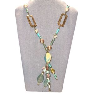 Long Turquoise and multi-bead Y-shaped necklace with bronze/copper-toned accents